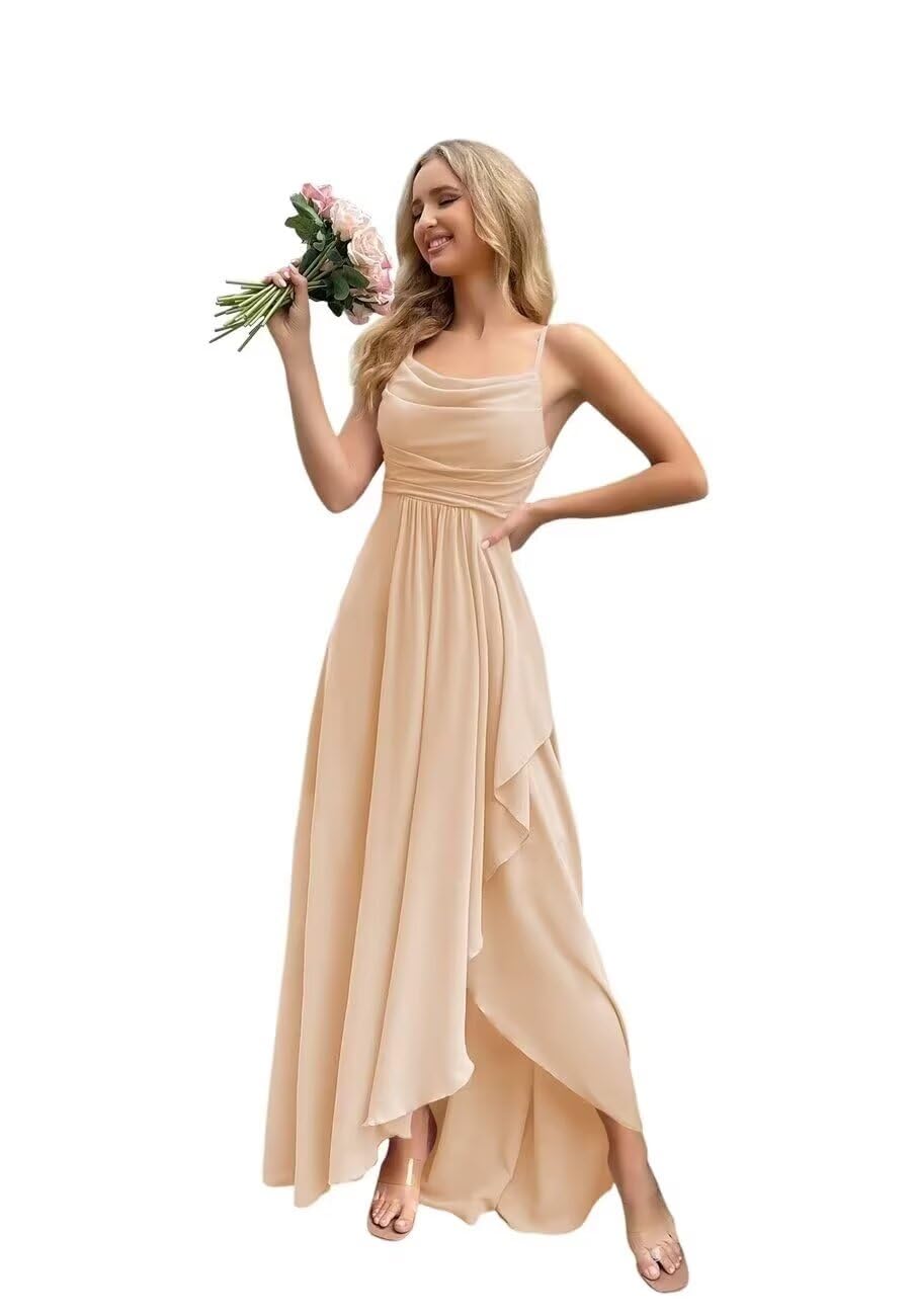 Spaghetti Strap Chiffon Bridesmaid Dresses for Women Long Ruched A-Line Cowl Neck Formal Evening Gowns with Slit