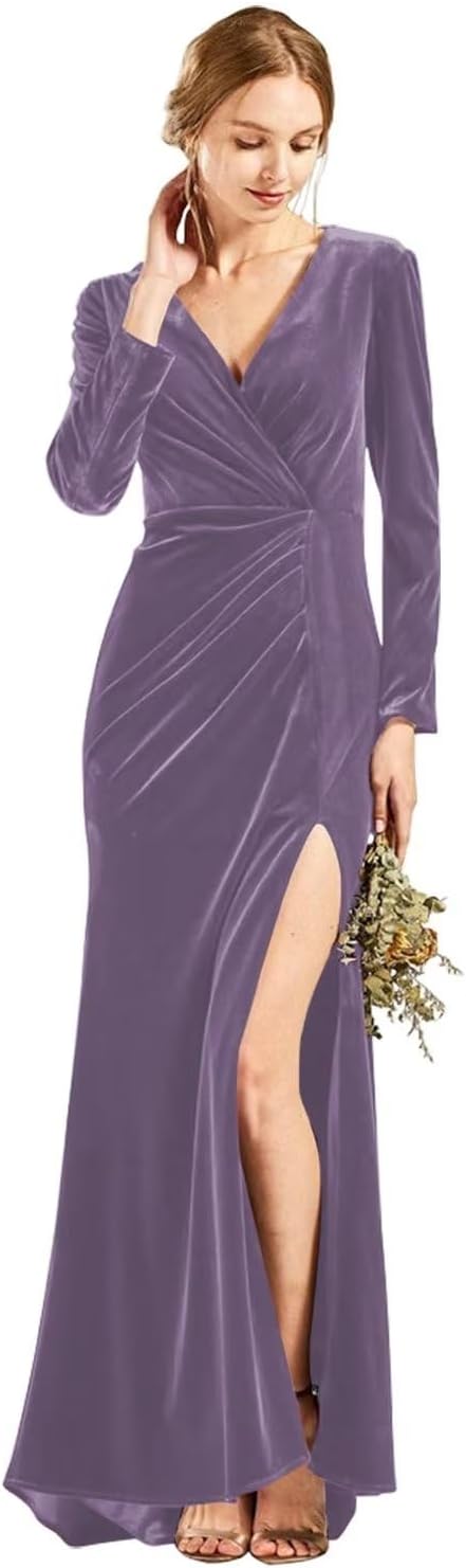 Langärmliges Brautjungfernkleid aus Samt mit Schlitz, V-Ausschnitt, Meerjungfrau-Stil, formelles Kleid für Damen