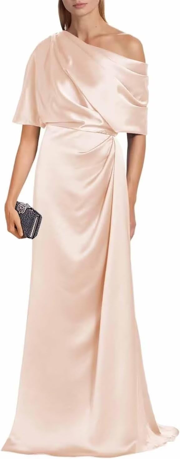 Satin Mother of The Bride Dresses for Wedding One Shoulder Formal Dress with Sleeves Mermaid Evening Party Gowns