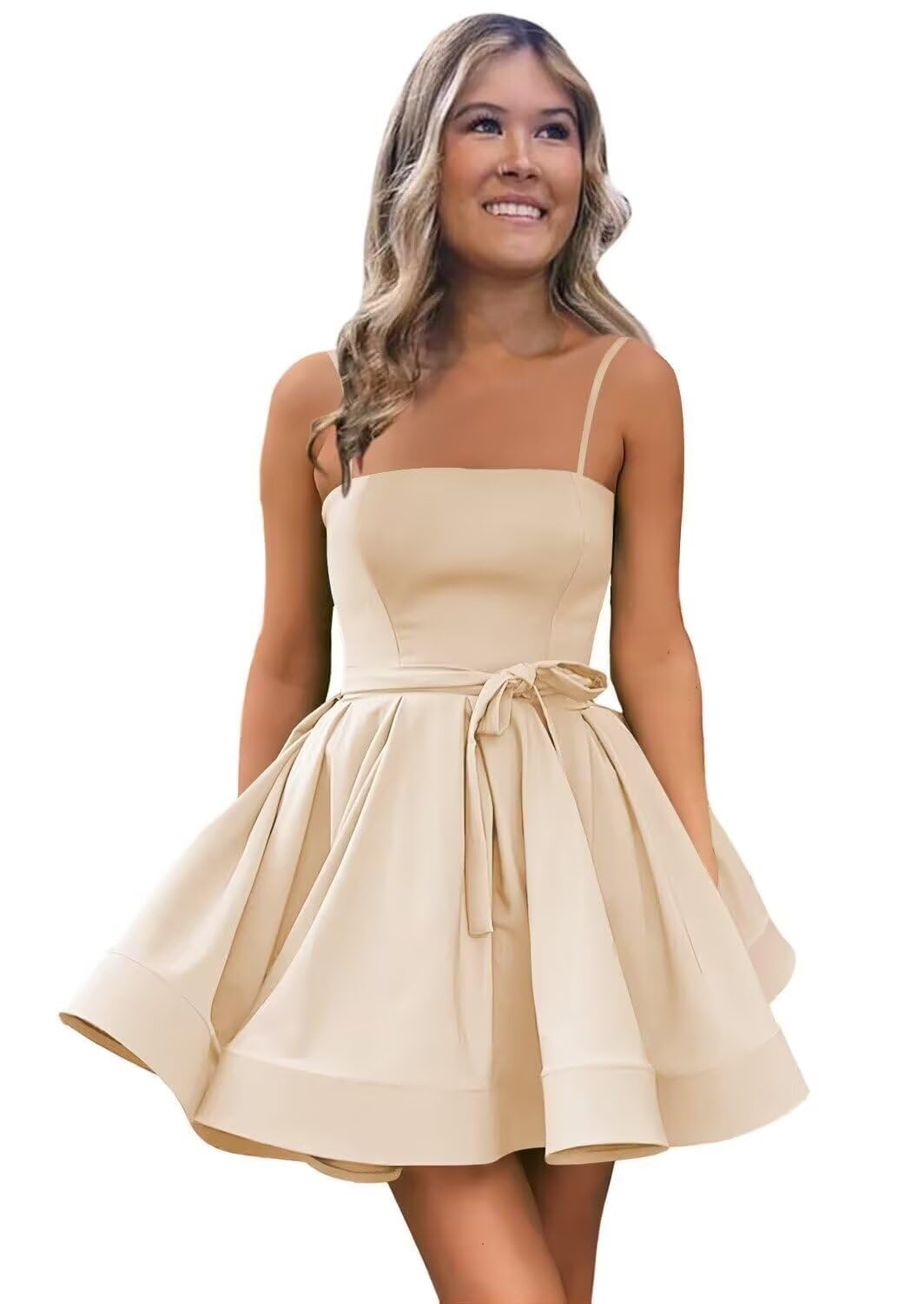 Women’s Short Satin Spaghetti Straps Formal Homecoming Dresses A Line Corset Puffy Prom Gown with Pockets for Teens