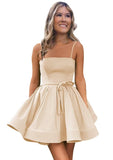 Women’s Short Satin Spaghetti Straps Formal Homecoming Dresses A Line Corset Puffy Prom Gown with Pockets for Teens