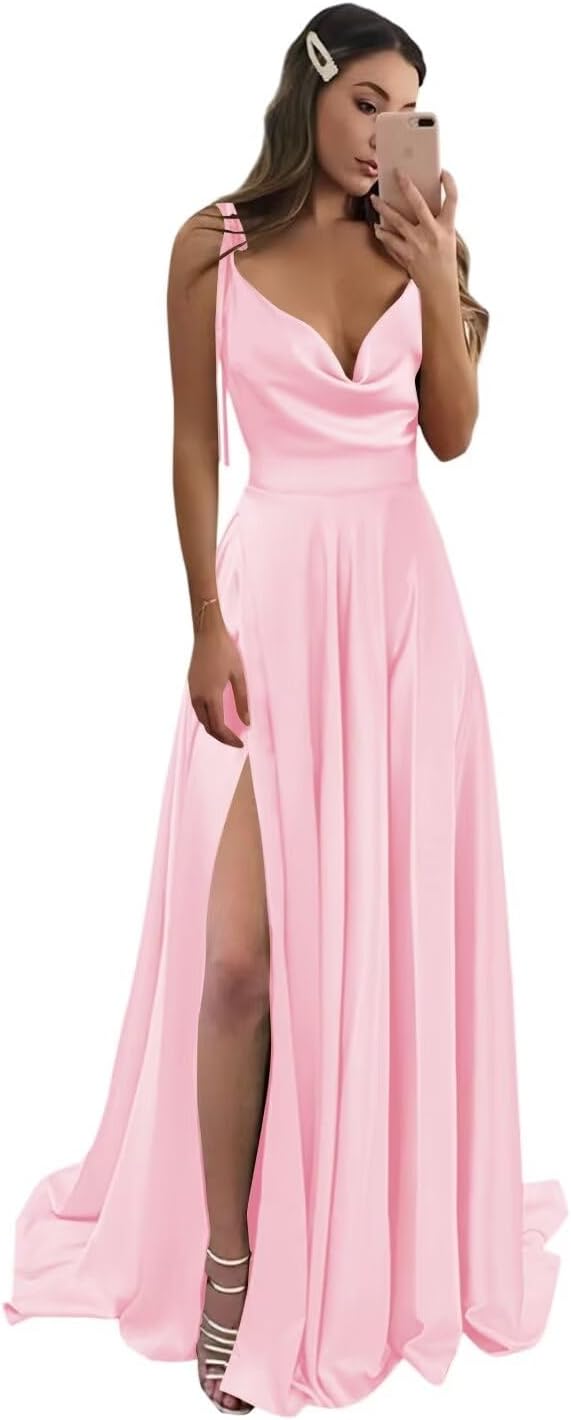Vestidos de fiesta largos de satén con abertura alta para mujer, 2024, tirantes finos ajustables, vestidos de fiesta formales con bolsillos 