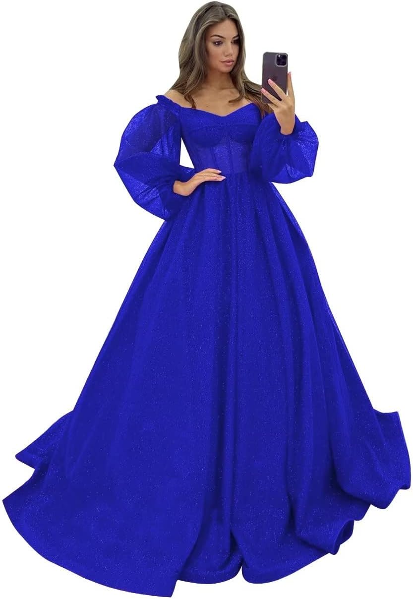 Puffy Sleeve Glitter Prom Dresses Women's Ball Gown Off Shoulder Formal Evening Gown Princess Quinceanera Dress