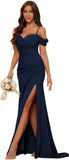 Vestidos de dama de honor de satén con hombros descubiertos para mujer, vestidos formales largos de sirena fruncidos con abertura 
