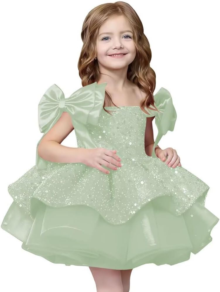 Sparkly Sequin Puffy Flower Dresses Short Girls A Line Princess Bow Knot Birthday Party Dress