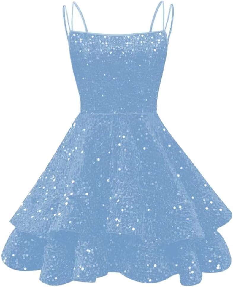 Spaghetti Straps Sequin Homecoming Dresses for Teens Sparkly Tiered Short Prom Dress 2026 Mini Cocktail Party Gown