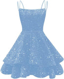 Spaghetti Straps Sequin Homecoming Dresses for Teens Sparkly Tiered Short Prom Dress 2026 Mini Cocktail Party Gown