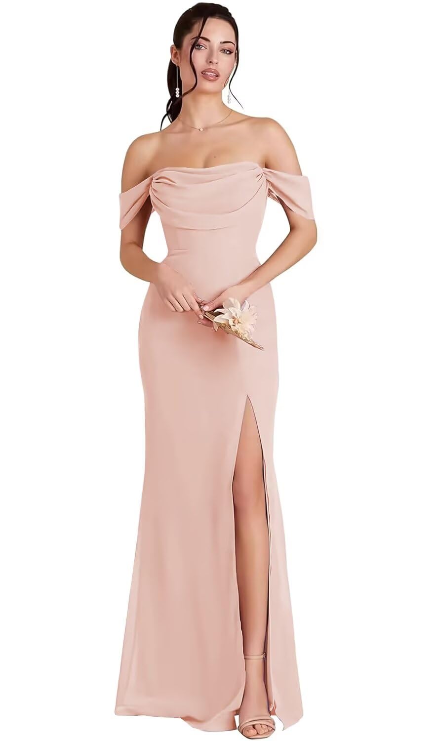 Kingbridal Gowns Off Shoulder Chiffon Bridesmaid Dresses for Women 2026 Long Ruched Cowl Neck Formal Evening Party Dress with Slit