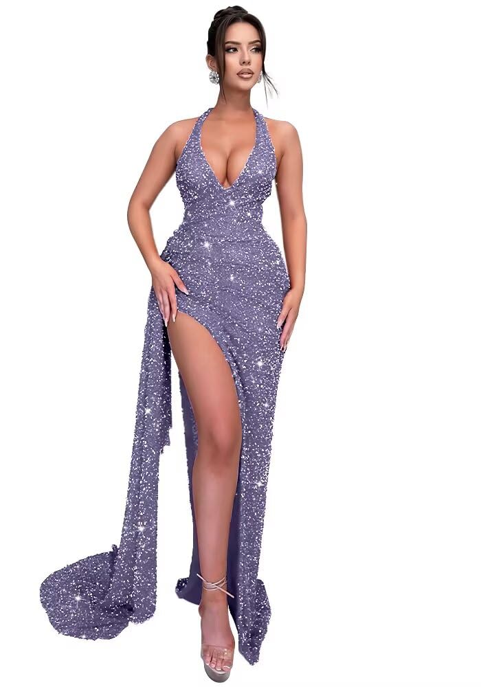 Sparkly Sequin Halter Prom Dresses for Women Mermaid Formal Dress with Slit Backless Ruched Evening Party Gowns