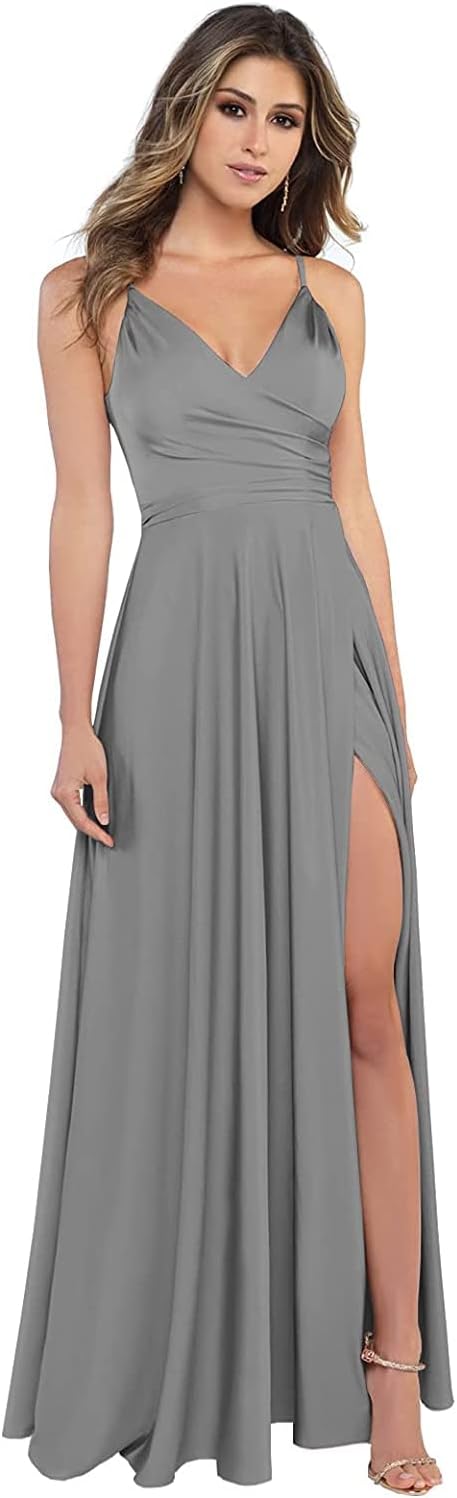 Damen-Brautjungfernkleider aus Satin mit V-Ausschnitt und Schlitz, Spaghettiträgern, formelle Ballkleider mit Taschen 