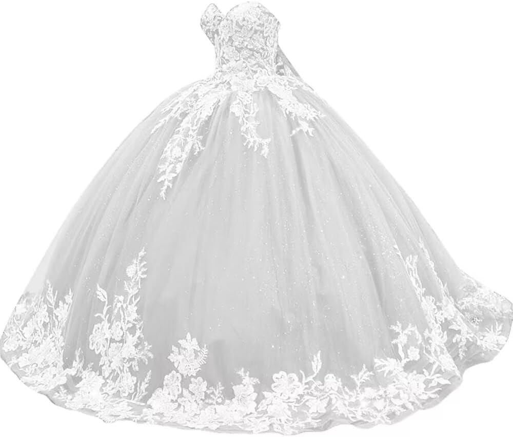 Sparkly Tulle Sweet 15 16 Quinceanera Dress Lace 3D Floral Ball Gown Strapless Puffy Prom Formal Gown