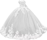 Sparkly Tulle Sweet 15 16 Quinceanera Dress Lace 3D Floral Ball Gown Strapless Puffy Prom Formal Gown