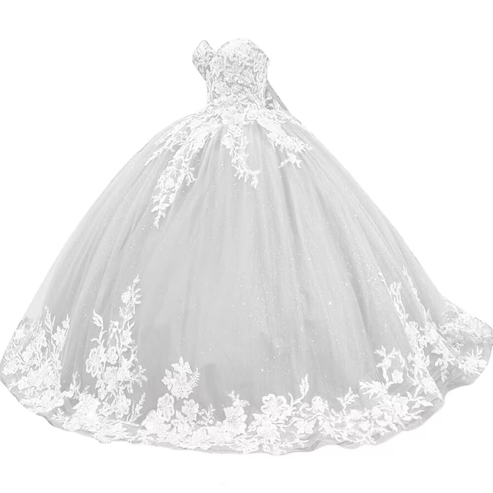 Sparkly Tulle Sweet 15 16 Quinceanera Dress Lace 3D Floral Ball Gown Strapless Puffy Prom Formal Gown