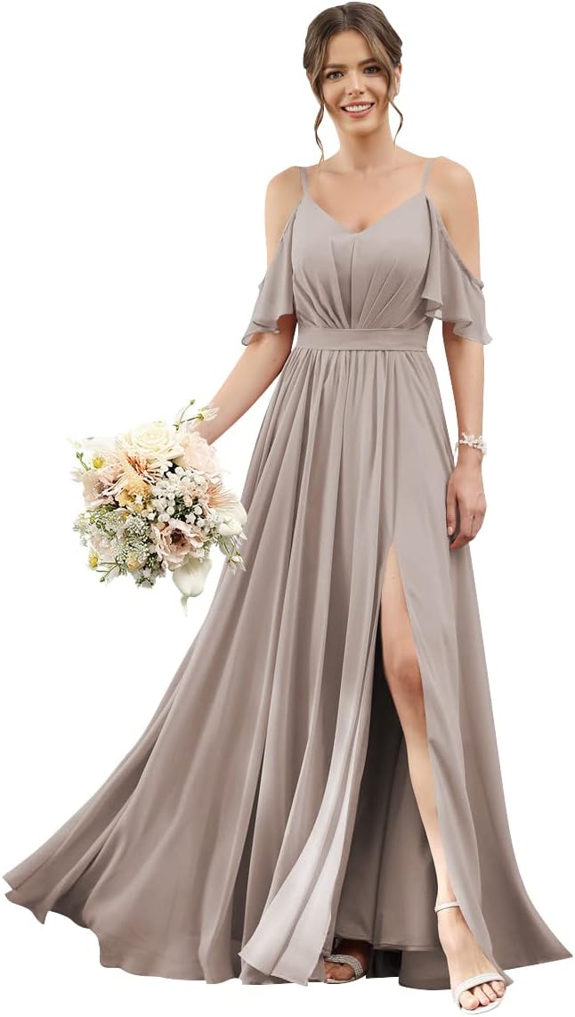Women's Cold Shoulder Ruffle Sleeves Bridesmaid Dresses for Women 2025 Pleated Chiffon Formal Dresses with Slit
