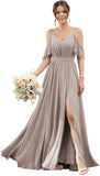 Women's Cold Shoulder Ruffle Sleeves Bridesmaid Dresses for Women 2025 Pleated Chiffon Formal Dresses with Slit
