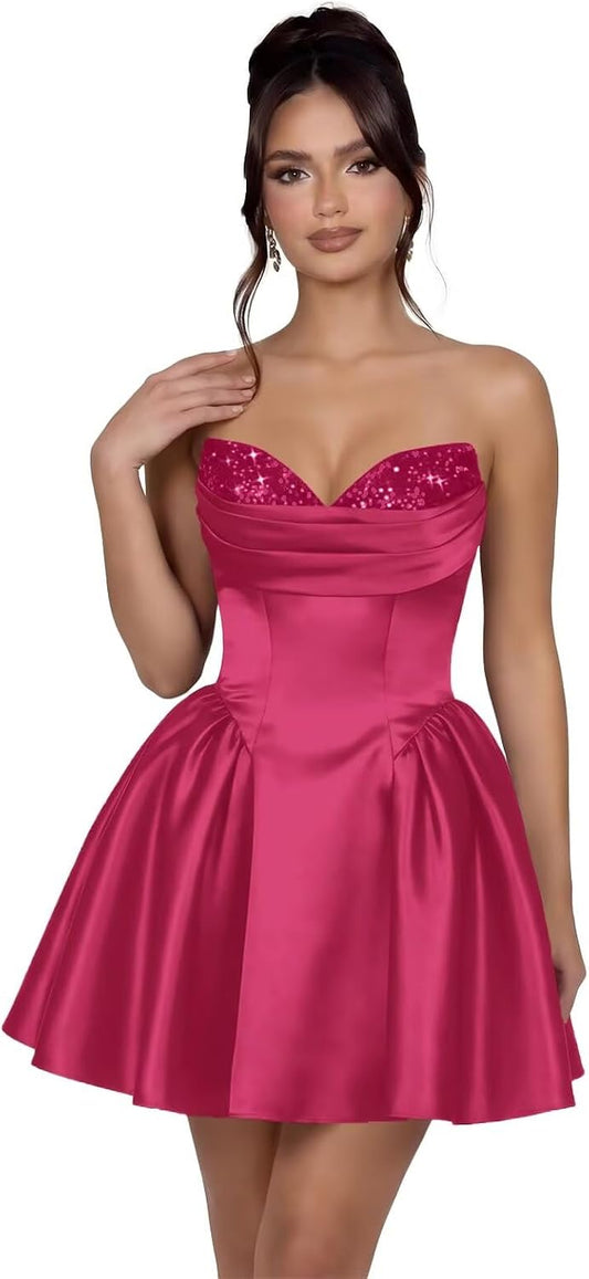 Strapless Satin Homecoming Dresses for Teens Short Sequin A-line Prom Dress Sparkly Pleated Cocktail Party Gowns