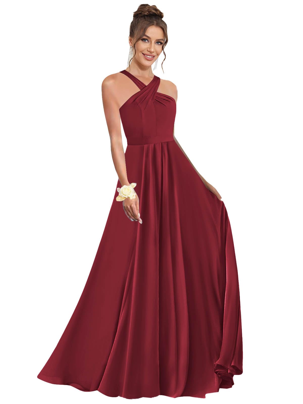 Halter Bridesmaid Dresses for Wedding Chiffon A Line Pleated Long Formal Prom Dress with Belt