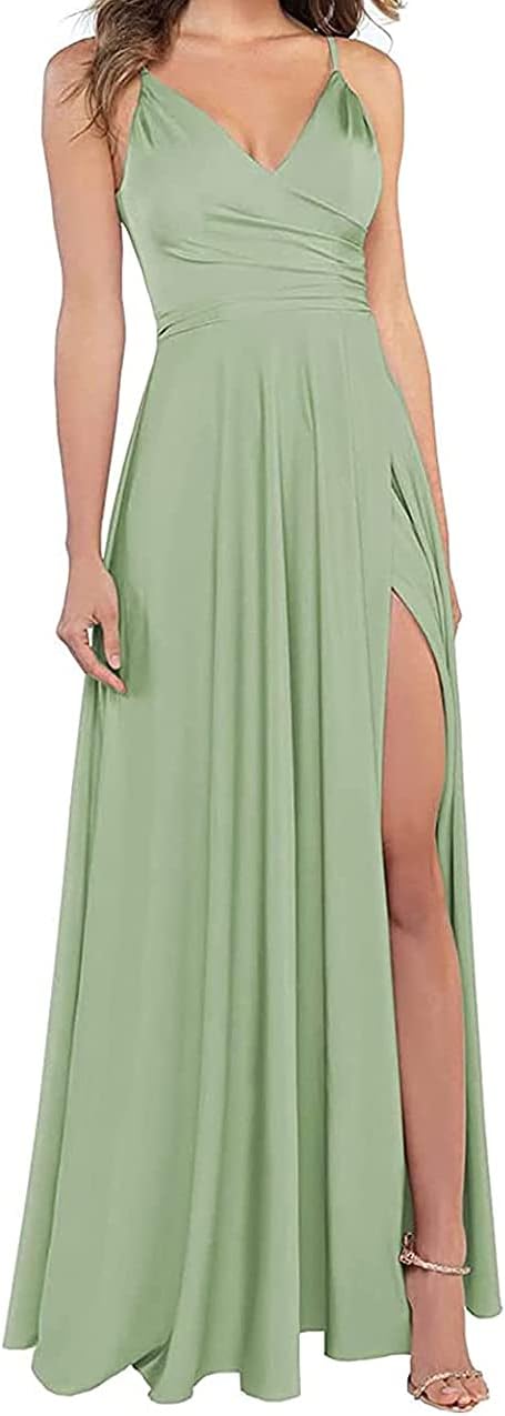 Lange Brautjungfernkleider für Frauen, formelle Satin-Spaghettiträger, Abschlussball- und Abendkleider 