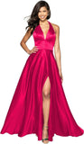 Womens Satin Prom Dresses Long with Slit Halter Evening Formal Gowns for Women with Pockets