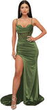 Ballkleider mit Wasserfallausschnitt, langen Spaghettiträgern, Illusion-Meerjungfrauen-Korsett, formelles Abendkleid mit Schlitz 