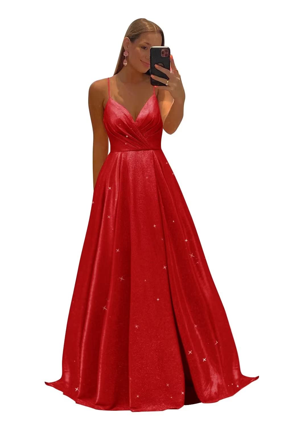 Women's Spaghetti Straps Prom Dresses Long V-Neck Sparkling Bridesmaid Dresses Formal Evening Gowns with High Slit