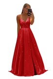 Women's Spaghetti Straps Prom Dresses Long V-Neck Sparkling Bridesmaid Dresses Formal Evening Gowns with High Slit