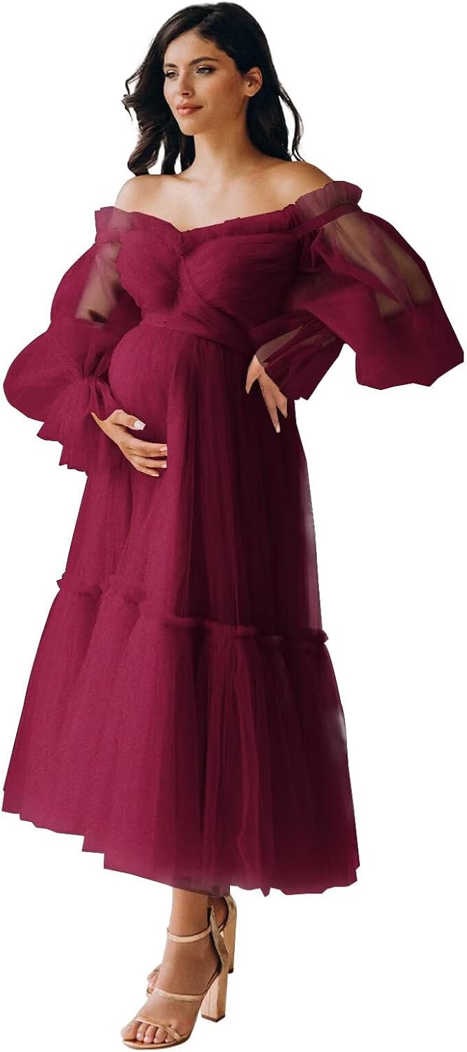 Tulle Tea Length Maternity Dresses for Photo Shoot Long Sleeve Pregnancy Gown for Baby Shower