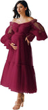 Tulle Tea Length Maternity Dresses for Photo Shoot Long Sleeve Pregnancy Gown for Baby Shower