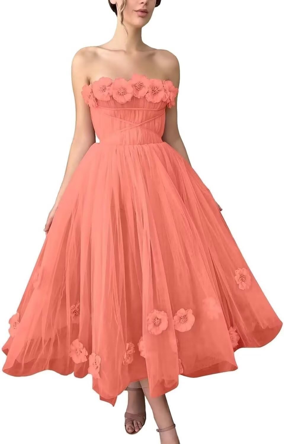 Women's 3D Flower Off Shoulder Tea Length Whimsical Prom Dress, A Line Strapless Tulle Formal Evening Party Gown