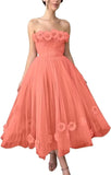 Women's 3D Flower Off Shoulder Tea Length Whimsical Prom Dress, A Line Strapless Tulle Formal Evening Party Gown