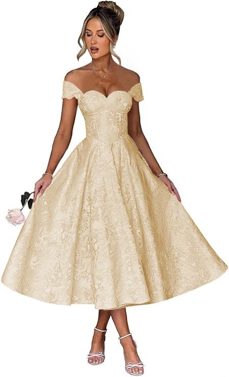 Off Shoulder Tea Length Prom Dress for Women Satin Floral Jacquard A Line Corset Cocktail Dress