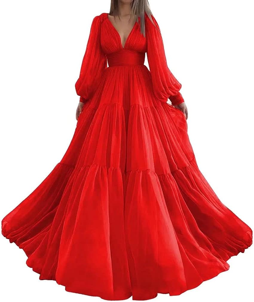 Langes Ballkleid mit Puffärmeln, Tüll, Ballkleid für Damen, Brautkleider, V-Ausschnitt, formelle Abendkleider