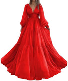 Langes Ballkleid mit Puffärmeln, Tüll, Ballkleid für Damen, Brautkleider, V-Ausschnitt, formelle Abendkleider
