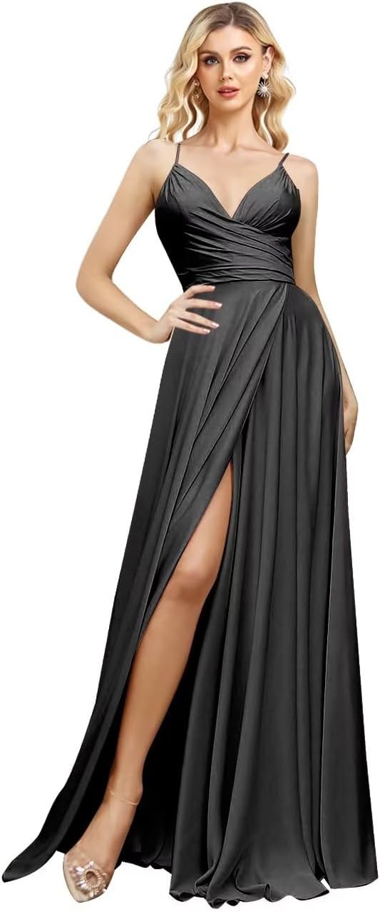V Neck Satin Bridesmaid Dresses Spaghetti Straps Prom Dress Slit Wedding Formal Evening Party Dress