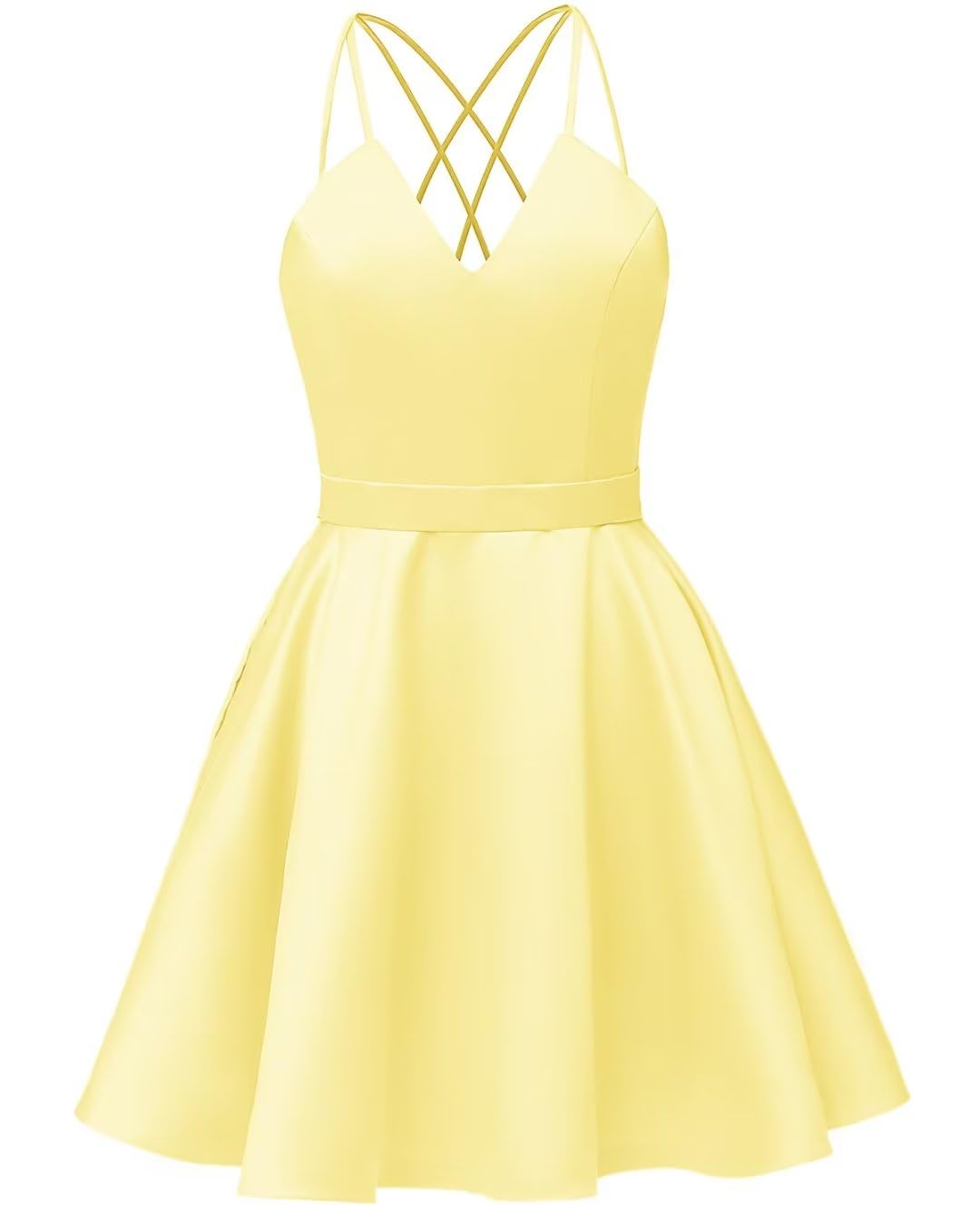 Spaghetti Straps Satin Homecoming Dresses for Teens V Neck Short Prom Dress Sparkly A-Line Formal Evening Party Gowns