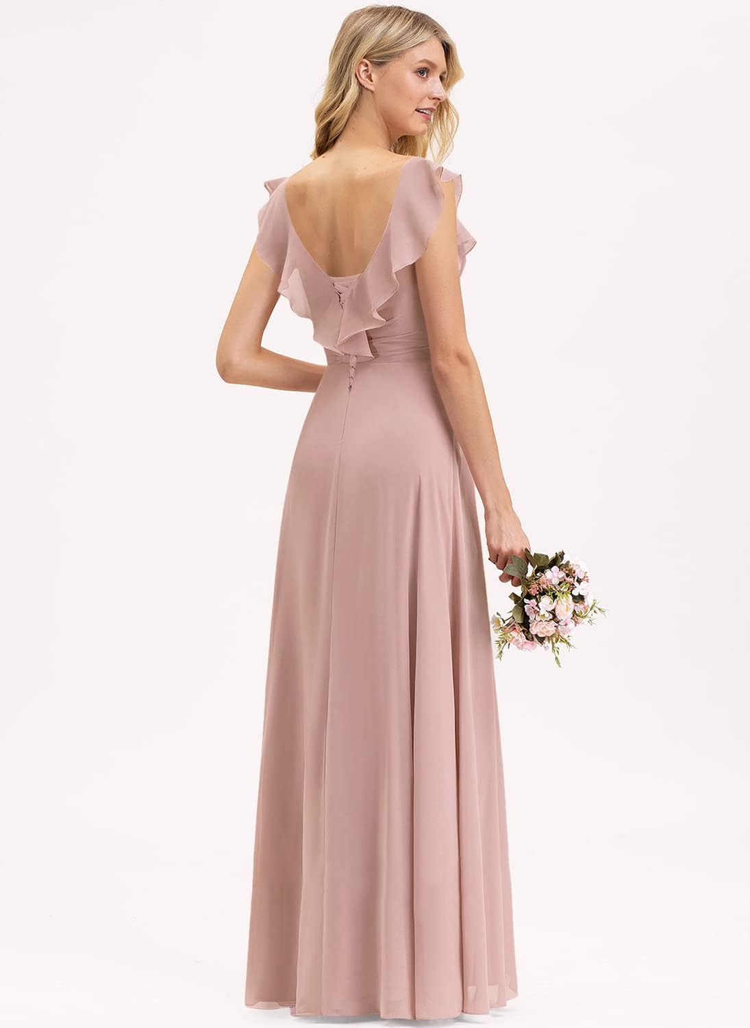 Women's V Neck Ruffle Chiffon Bridesmaid Dresses Long with Pockets Ruched Formal Dresses
