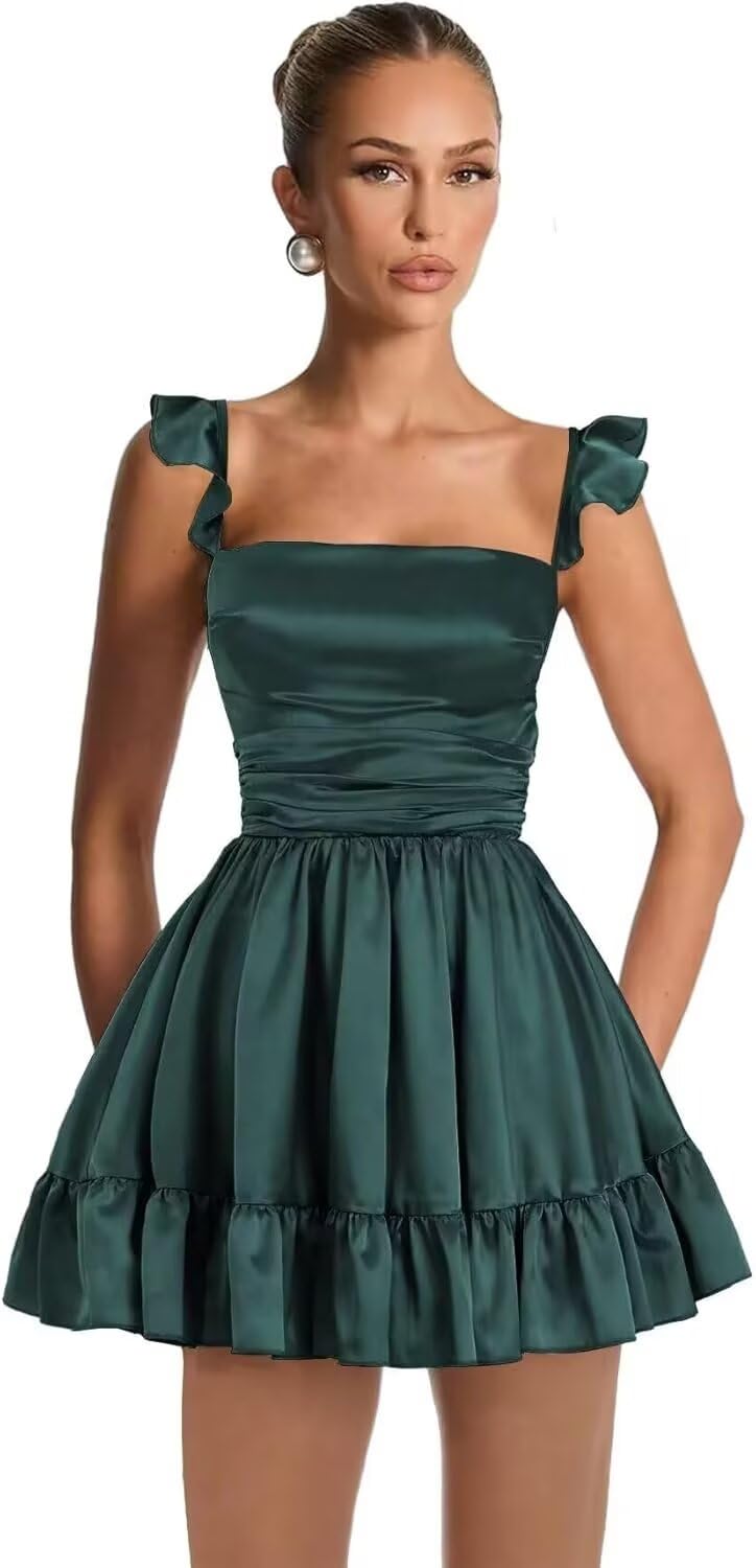 Satin Homecoming Dresses for Teens 2027 A-line Ruched Square Neck Short Prom Formal Cocktail Gowns with Pockets
