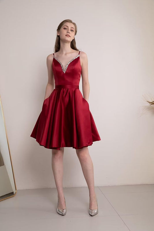 Spaghetti Straps Satin Homecoming Dresses for Teens V-Neck Short Prom Dress A-Line Beaded Cocktail Party Gowns
