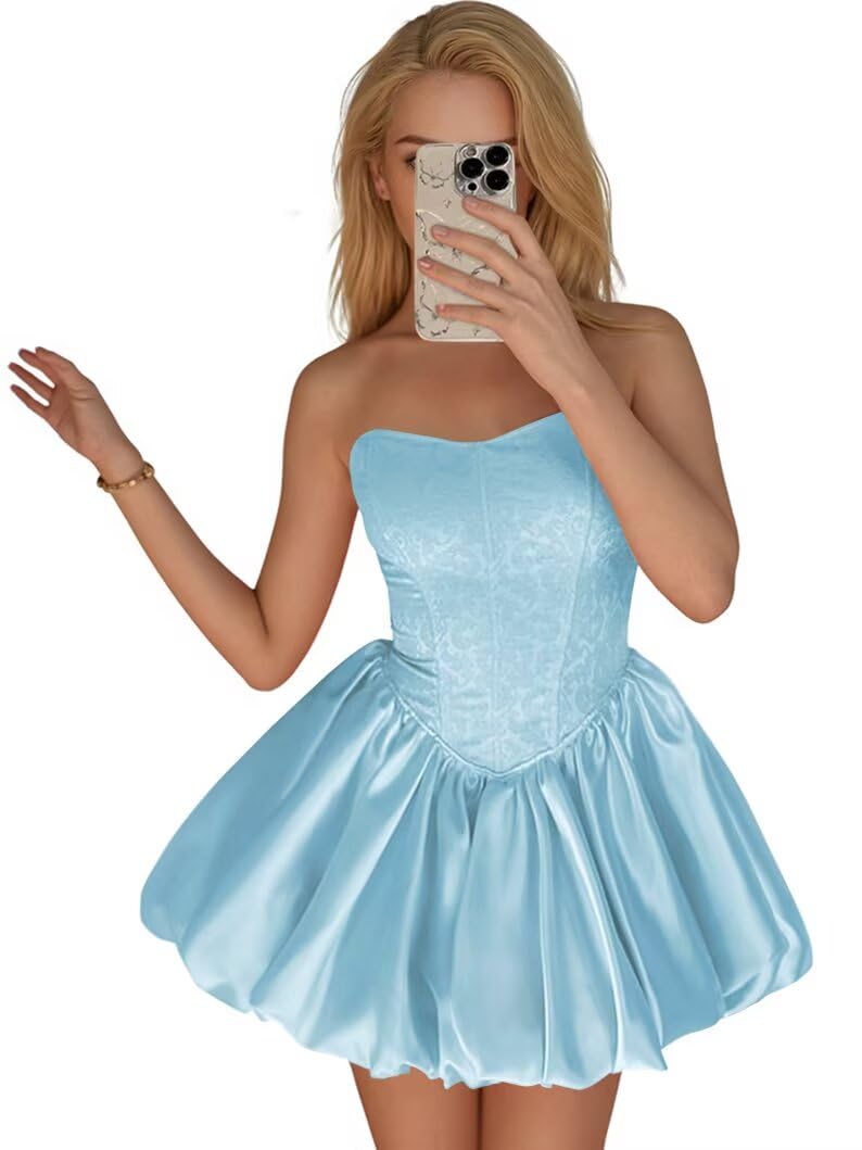 Strapless Satin Homecoming Dresses for Teens Jacquard Short Prom Dress A-line Cocktail Party Gowns with Pockets