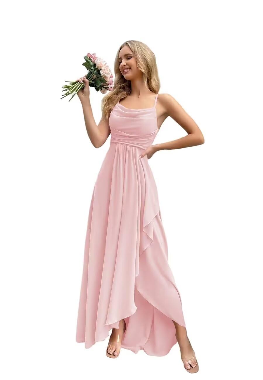 Spaghetti Strap Chiffon Bridesmaid Dresses for Women Long Ruched A-Line Cowl Neck Formal Evening Gowns with Slit