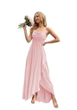 Spaghetti Strap Chiffon Bridesmaid Dresses for Women Long Ruched A-Line Cowl Neck Formal Evening Gowns with Slit