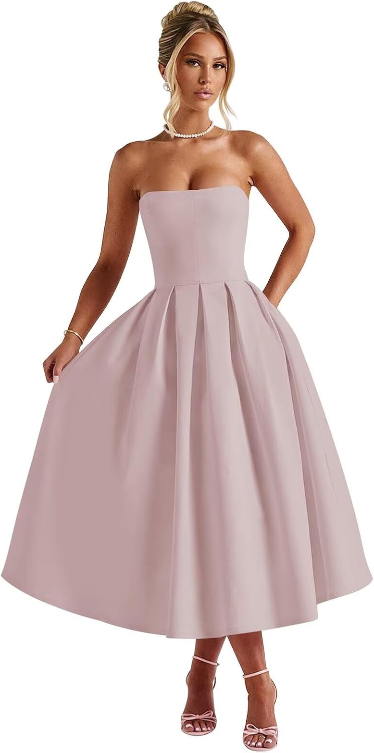 Strapless Satin Tea Length Prom Dresses for Women 2027 A-Line Corset Backless Cocktail Bridesmaid Dress with Pocket