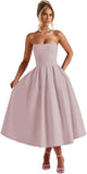 Strapless Satin Tea Length Prom Dresses for Women 2027 A-Line Corset Backless Cocktail Bridesmaid Dress with Pocket