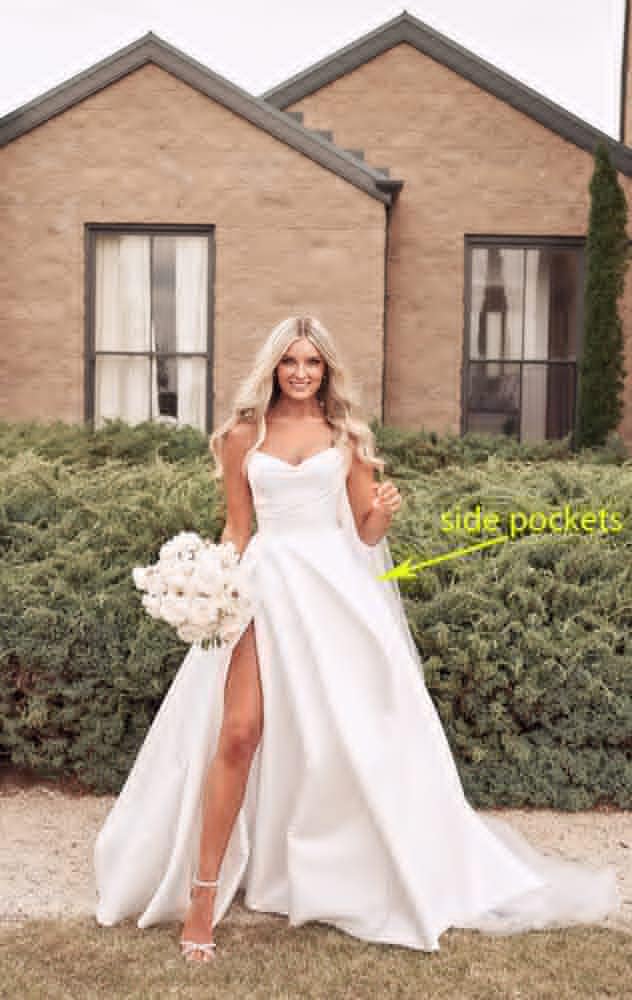 Strapless Satin Prom Wedding Dresses with Slit Long Pleats Formal Ball Bridal Gowns with Pockets
