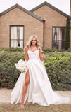 Strapless Satin Prom Wedding Dresses with Slit Long Pleats Formal Ball Bridal Gowns with Pockets