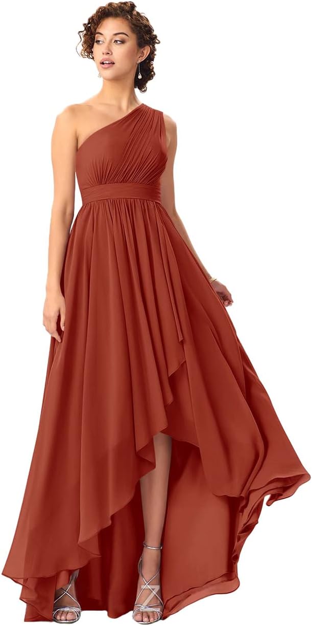 Women's One Shoulder Bridesmaid Dresses High Low Chiffon Formal Party Gowns with Pockets