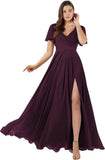 Damen Brautjungfernkleider mit Flatterärmeln, lang, mit Schlitz, V-Ausschnitt, Chiffon, formelle Kleider 