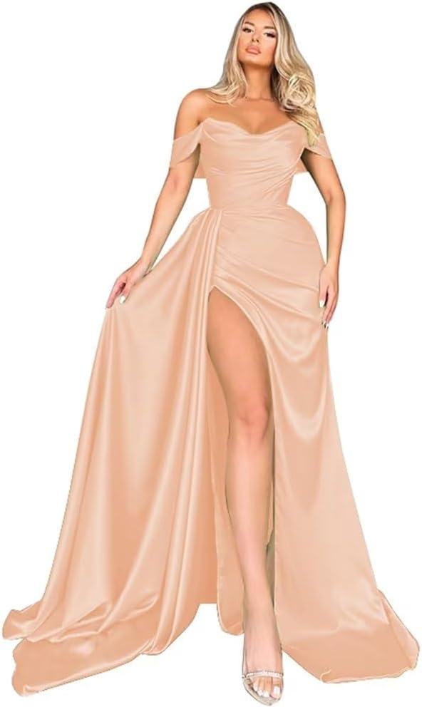 Off Shoulder Satin Bridesmaid Dresses Long Formal Gown for Wedding Ruched Prom Dress with Slit