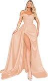 Off Shoulder Satin Bridesmaid Dresses Long Formal Gown for Wedding Ruched Prom Dress with Slit