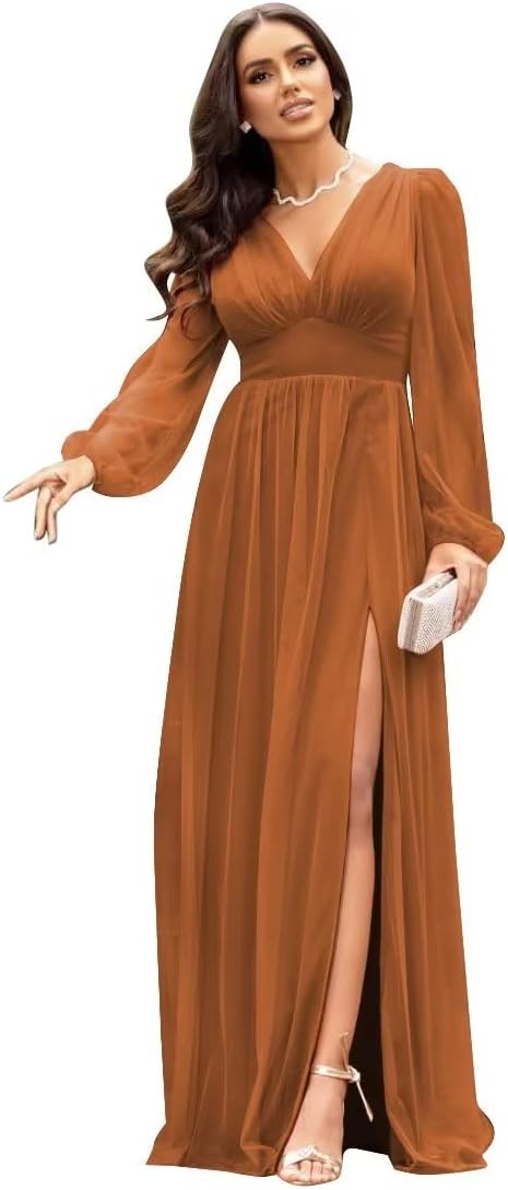 Langärmlige Brautjungfernkleider für Hochzeiten, V-Ausschnitt, formelles Kleid mit Schlitz, Chiffon-Ballkleid